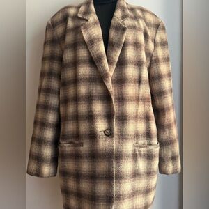 Alpaca Wool Plaid Blazer Jacket Brown Cream Heritage Plaid Boxy Tailored Blazer